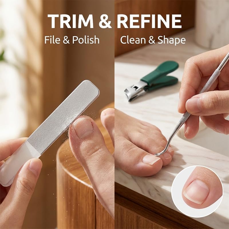 Angled Nail Clippers, Nail Cutter Set with Nail File & Tweezers, Fingernail & Toenail Clippers for Thick Nails, Ingrown Nails, Slanted Blade, Splashproof Portable Nail Care Kit (Green-3 Sets)
