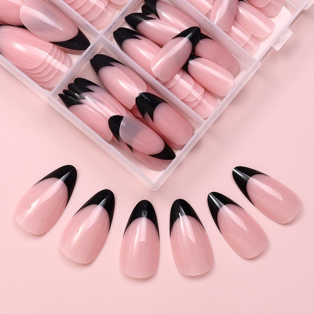 120 Pcs/Box Almond False Nails Full Covers Stick on Nails Black French Tip Nails Artificial False Nails