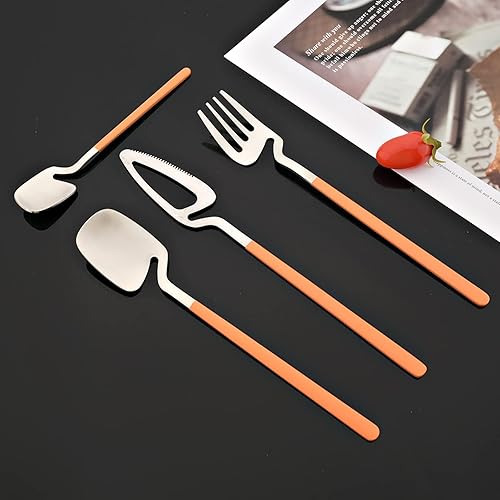 Miniatura 2 de JASHII Juego de cubiertos de acero inoxidable 304 con acabado satinado de color macarrón de 24 piezas, juego de utensilios de cocina para 6
