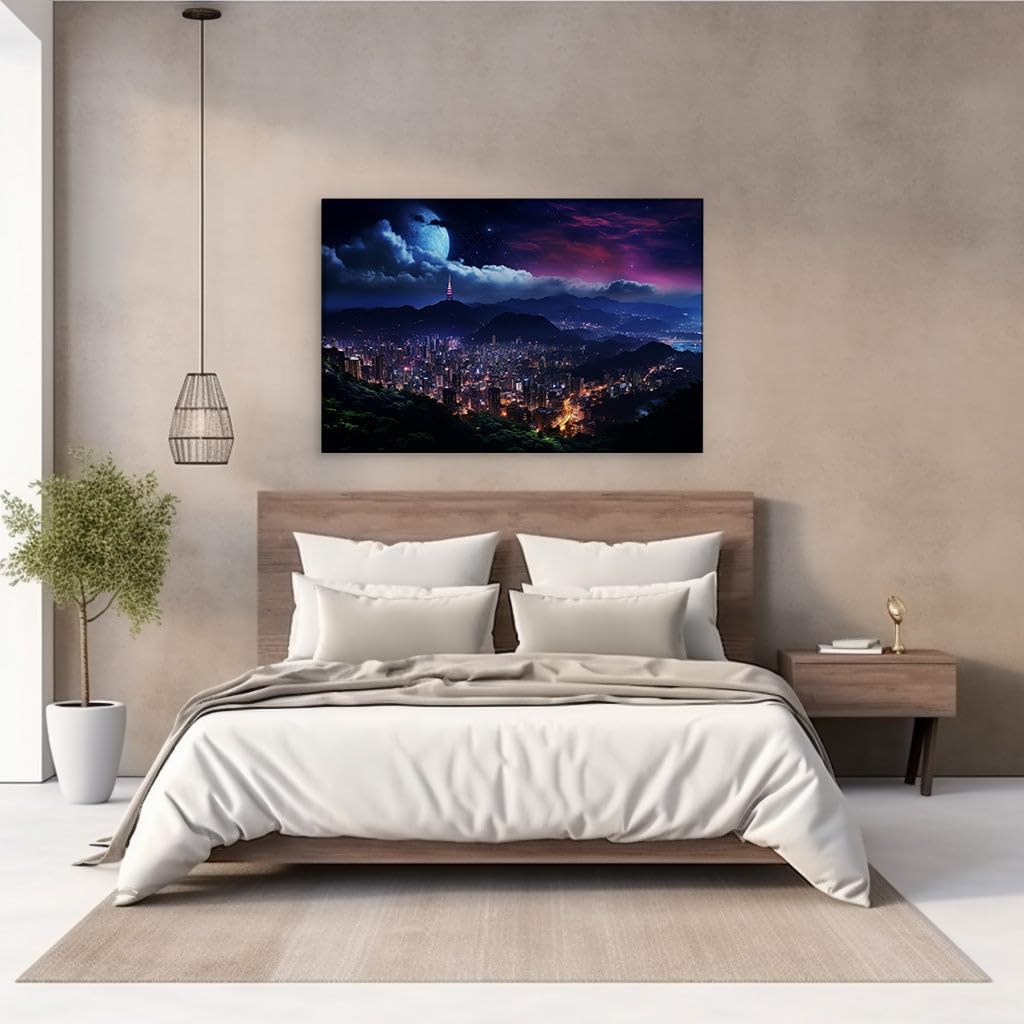 Canvas for Living room. Luminous Nights and Mountain Silhouettes: Urban Splendor Under the Moon's Silver Glow, 27 x 18 inch Canvas Wall Art - Contemporary Masterpieces - Modern Home Decor
