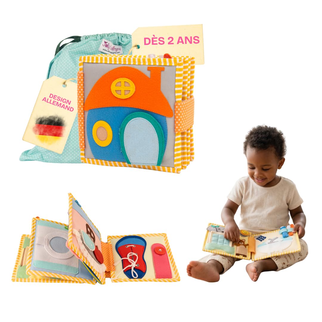 Jolly Designs Mini Quiet Book Beinvenue chez Moi – Jouet Montessori dès 2 Ans – Livre sensoriel & Livre Tissu pour Enfant – Busy Book Fait Main en Feutrine – Jouet éducatif & de Voyage