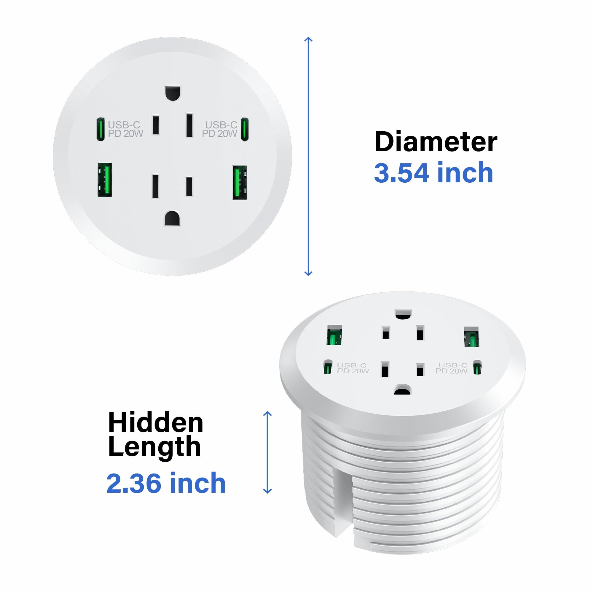 3 Pollice Computer Power Grommet USB C 40W Stazione di Ricarica Veloce Incasso Mobili Power Strip 2 Uscite 4 Porte USB Montaggio a Filo per