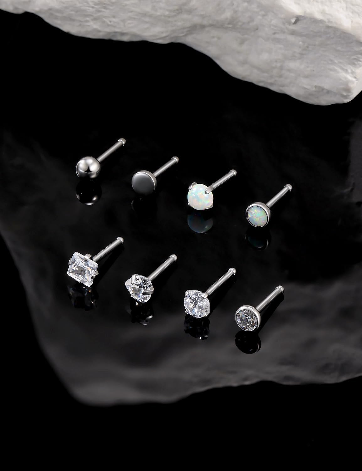 18G 20G 22G Astm F136 Titanium Nose Rings Studs Piercing Jewelry for Women Men Round Heart Square Cubic Zirconia Nose Rings Opal Nostril Ring Piercing Jewelry Top Flat Ball 3mm 8PCS - Image 2