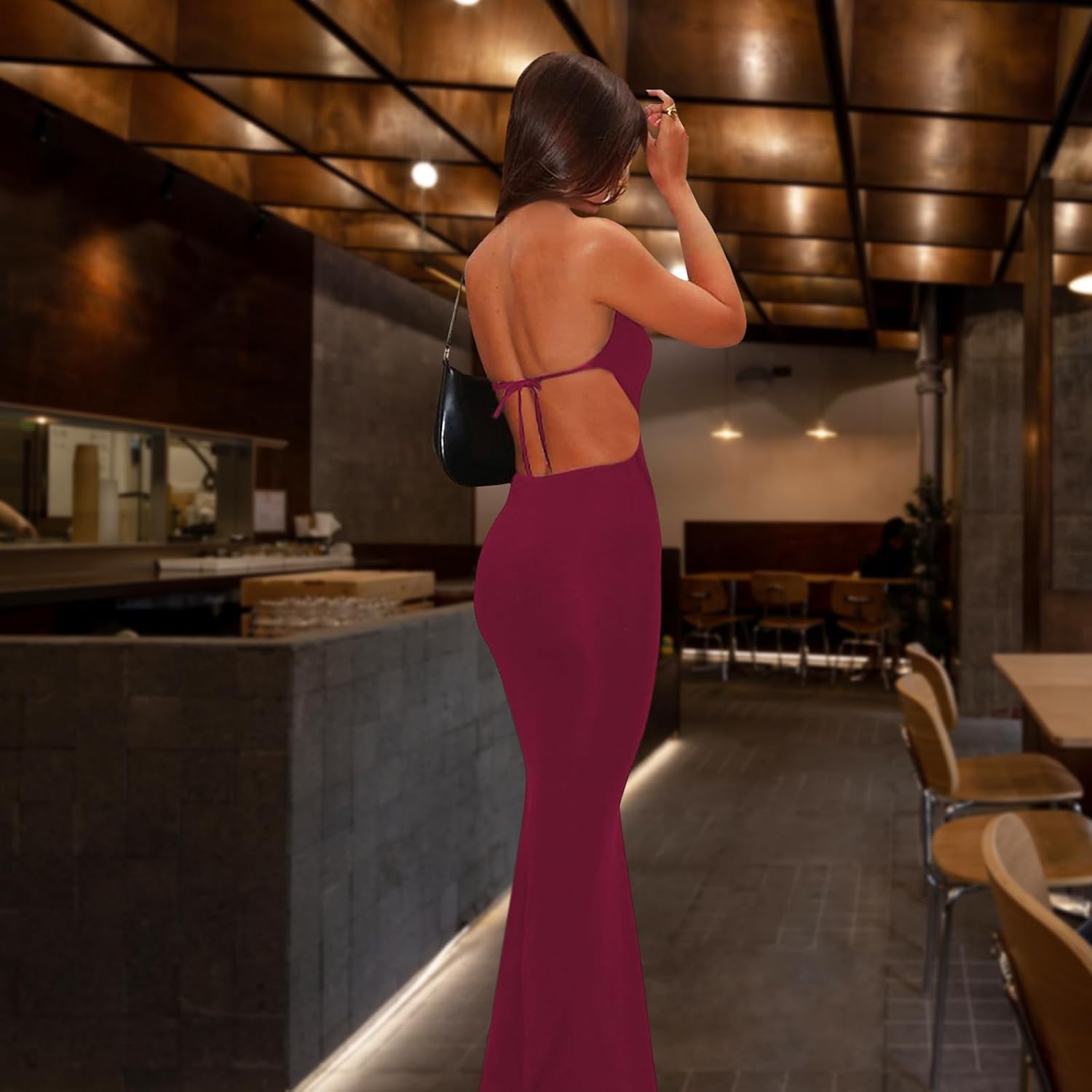 Backless Halter Deep V Neck Formal Maxi Dress for Women Sexy Open Back Low Cut