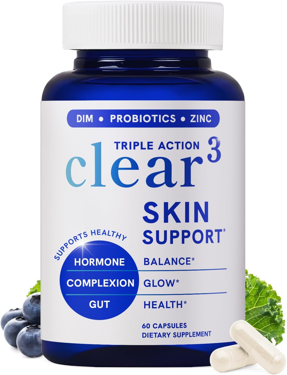 Clear Skin Supplement with Zinc, DIM & Probiotics | 3-in-1 Balance, Glow & Health Skin Support | Triple Action Hyaluronic Acid, Niaciminide & Vitamins for Hormone, Complexion & Gut Support | 120 Ct