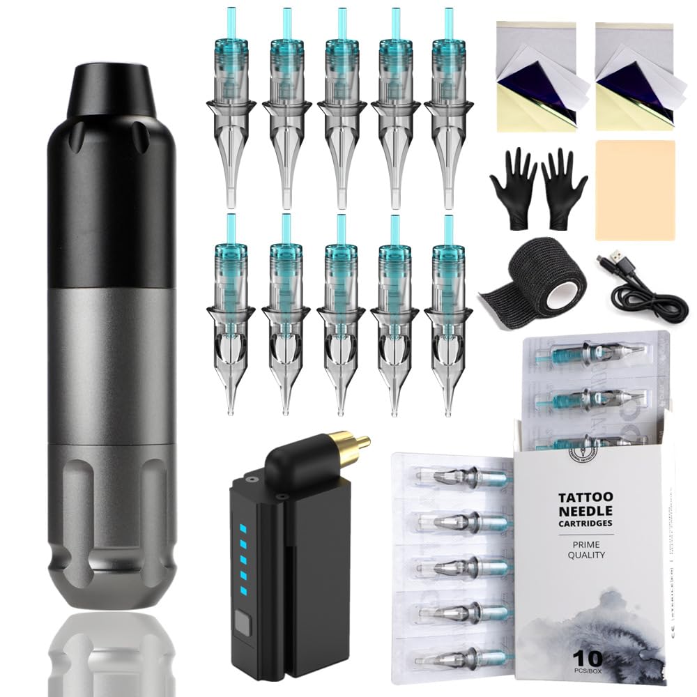 Set di attrezzatura per tatuaggio rotativo senza fili con penna motore e alimentatore wireless, kit completo per macchinetta per tatuaggi con aghi per cartucce miste,Grigio