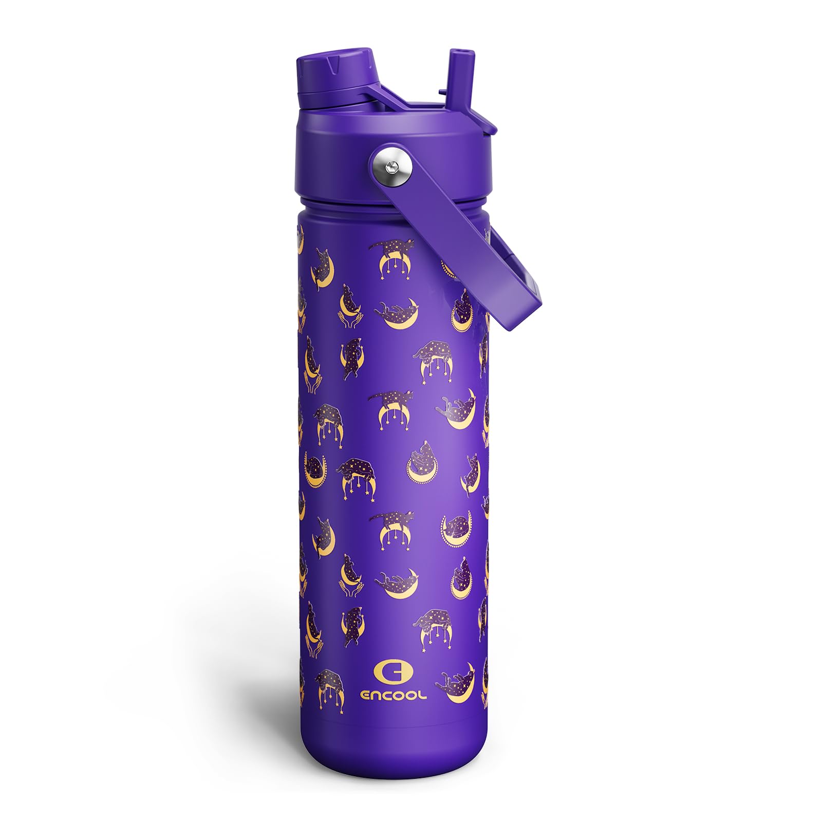 ENCOOL Insulated Water Bottle with Straw Stainless Steel Water Bottle, Leak-Proof, BPA-Free, Double Wall Vacuum Keeps Cold for 24 Hours for Sports, Travel, School (26 oz, Moonlit Cat)