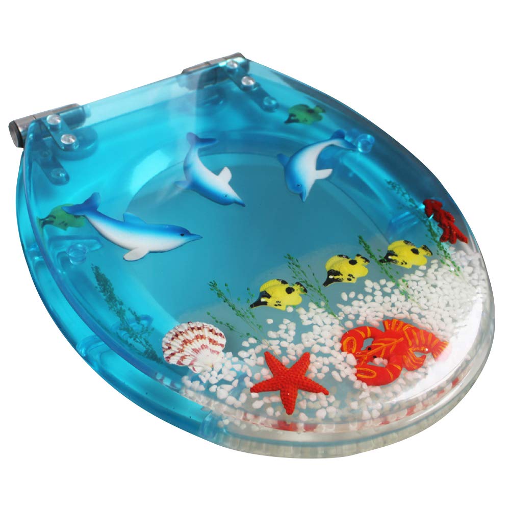 YYUE Toilet Lid,Slow Close Resin Toilet Seat With Cover, Art 3D Effects Heavy Duty Toilet Lid With Dolphin, Starfish, Real Seashells And Sands For U Type Toilet,Blue-B