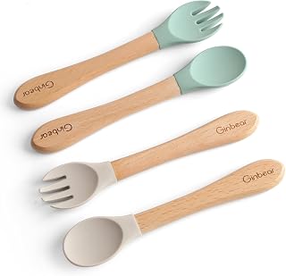 Ginbear Silicone Baby Spoons & Forks for Toddlers 12-18 Months - Soft-Tip Self-Feeding Flatware Set, 4pc Hazy Green/Almond, BPA-Free