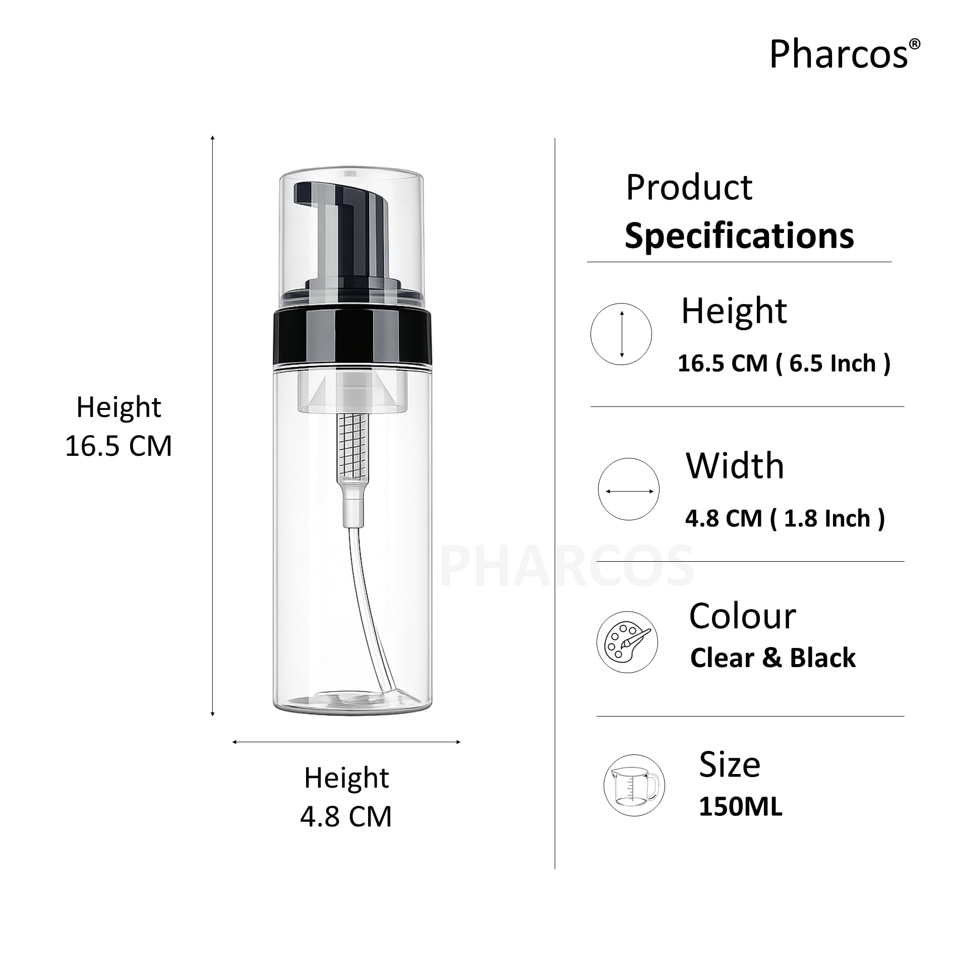 Pharcos Foaming Dispenser Bottle, Refillable Empty Pump Container for Liquid Soap, Face Wash, Shower Gel, Shampoo | BPA & Leak Free, Travel-Friendly - 150 ml (Transparent & Black, Pack of 1)