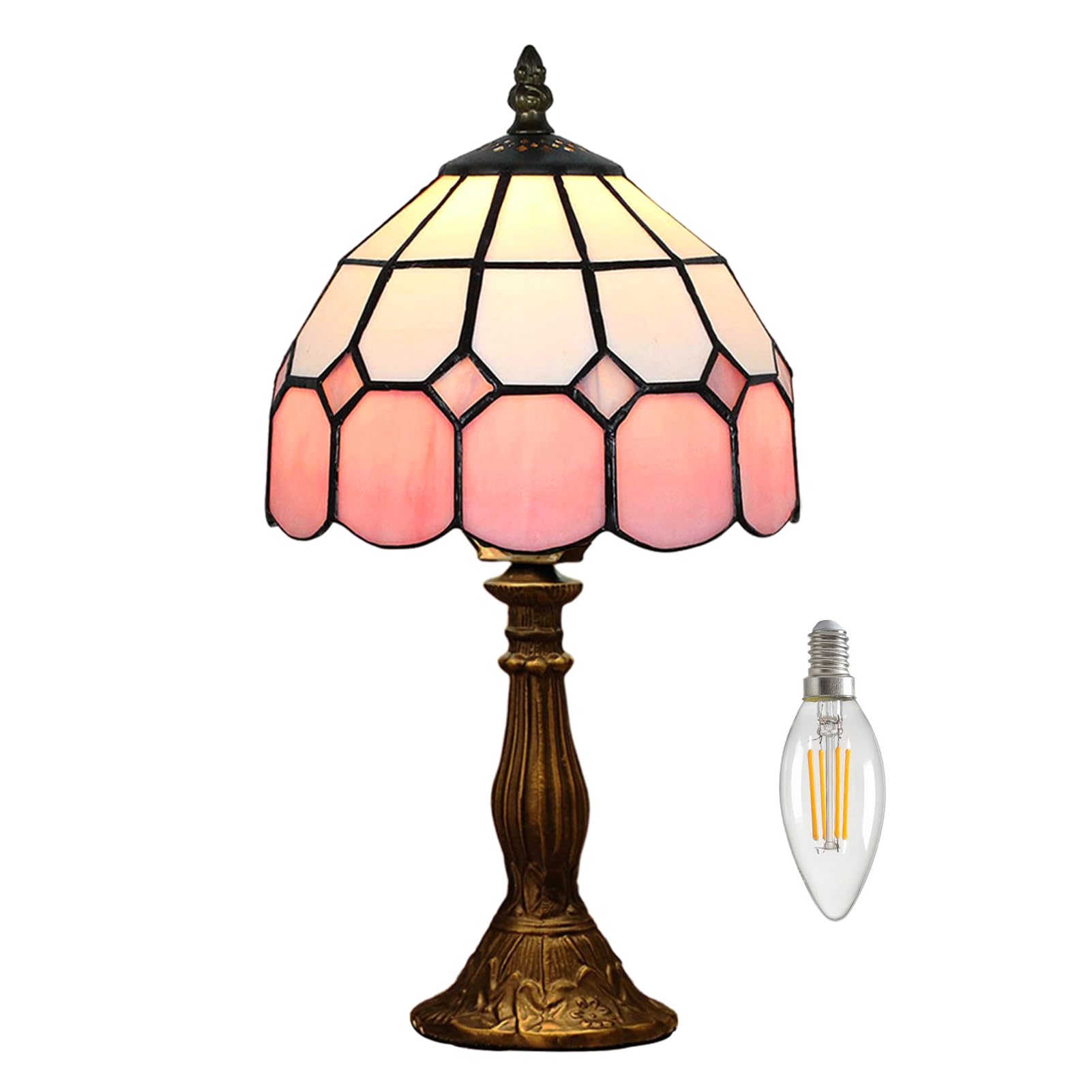 table lamp tiffany-style 8 inch mediterranean series stained glass lampshades small bedside lamp reading antique desk light livingroom bedroom office vintage art de(color:pink)