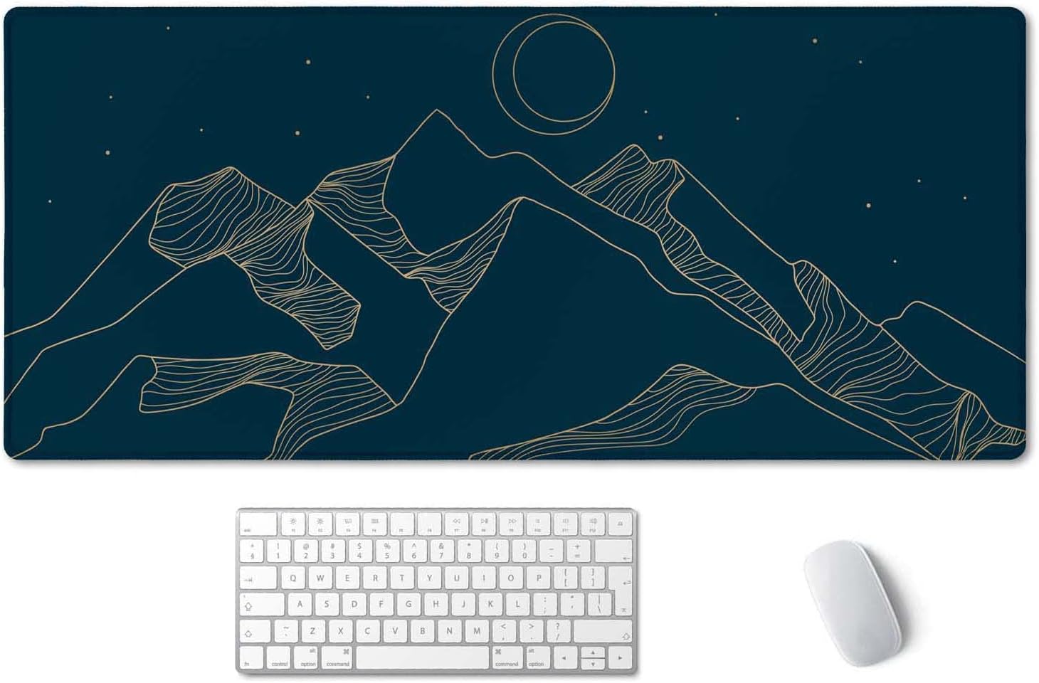 SSOIU Mountain & Moon Landscape Blue Desk Mat, Extended Gaming Mouse Pad 35.5x15.7 in, Large Non-Slip Rubber Base Mousepad with Stitched Edges, Waterproof Keyboard Mouse Mat Desk Pad for Office, Home