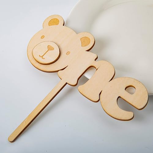 Miniatura 3 de Bear One - Decoración de madera para tartas con temática de bosque, decoración de cumpleaños de oso de un cumpleaños, decoración de pastel de madera