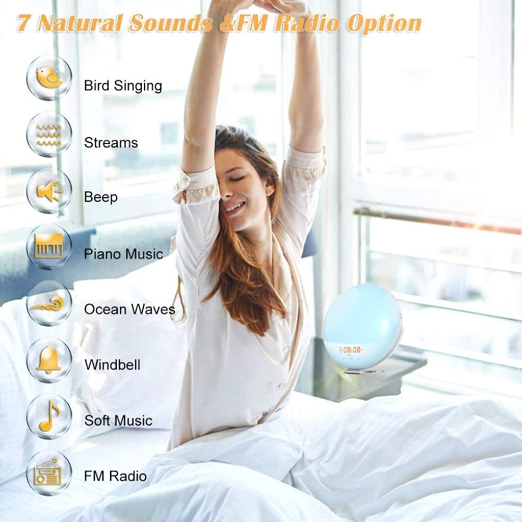 Wake Up Light Sveglia, Simulazione Alba/Tramonto, Radiosveglia Digitale, con Doppi Allarmi, Funzione Snooze, FM Radio