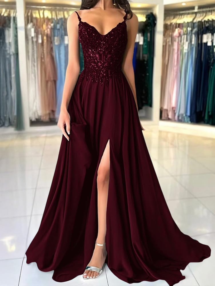 shownicer Damen Chiffon Ballkleider Lang V-Ausschnitt Spitzenapplikationen Abendkleider Elegant Brautjungfernkleid A-Linie Ballkleid mit Schlitz