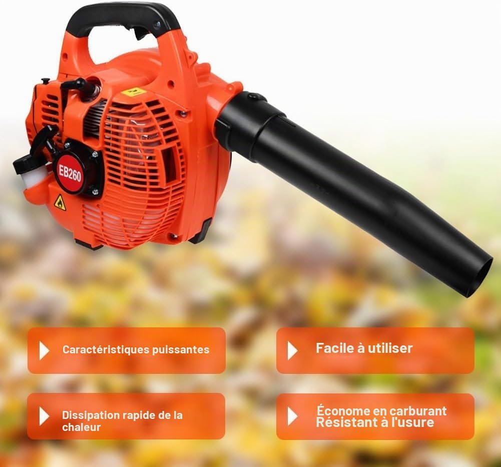 Souffleur De Feuilles à Essence 26cc - Souffleur Thermique, Souffleur De Neige Portatif 2 Temps, Vitesse De Soufflerie 270 Km/H Peut Nettoyer Les Feuilles La Pelouse, PoussièRe, Neige, Orange
