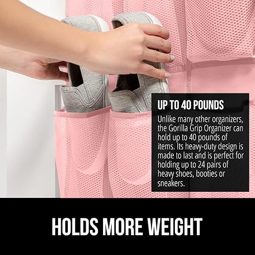 Miniatura 54 de Gorilla Grip - Zapatero para colgar en la puerta, 24 bolsillos de malla de hasta 40 libras, organizador para parte trasera del armario, soportes