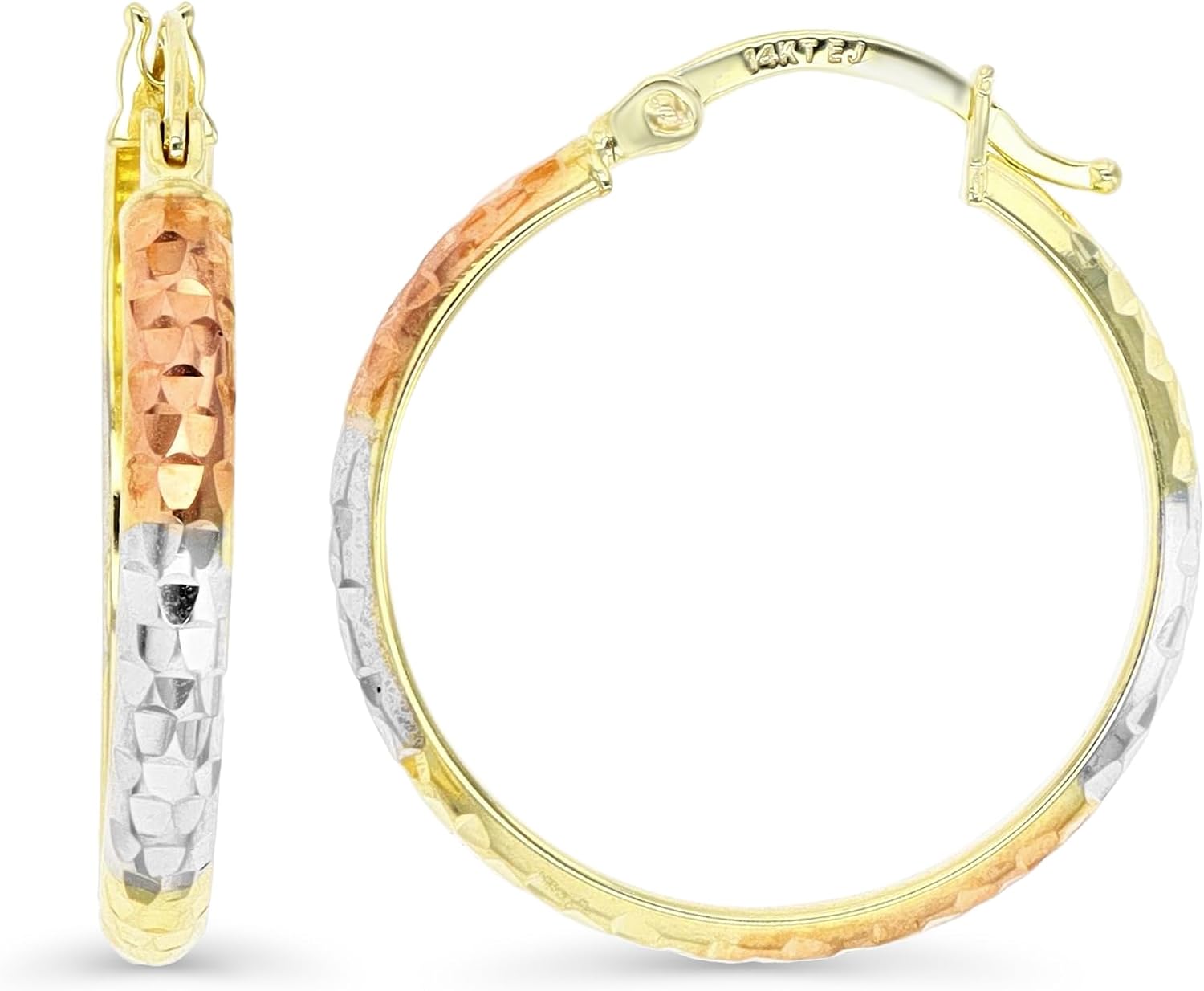 14K Gold Tricolor Textured Diamond Cut Hoop Earrings For Women, 3x20mm