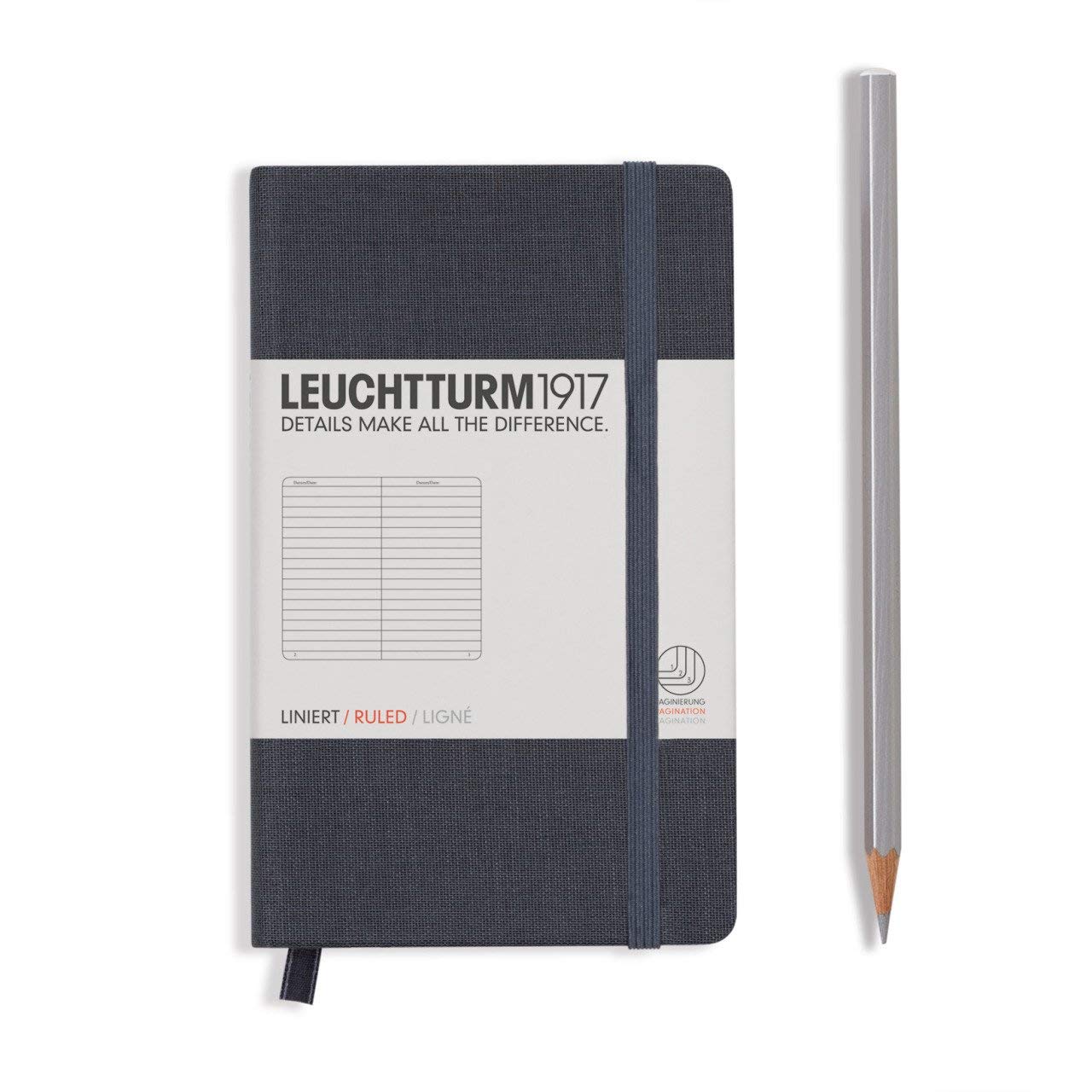 Leuchtturm1917 Not Defteri Cep Boy (A6), Sert Kapak, 187 Numaralandırılmış Sayfa, Çizgili, Kumaş Kapak, Antrasit Gri