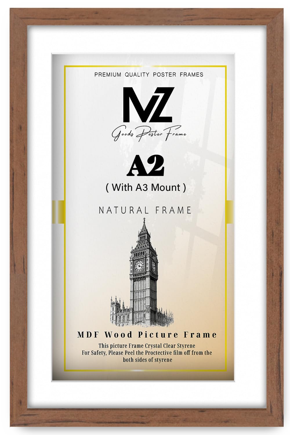 MZ GOODS | MDF Artistic Poster Frame A2 (41.90 x 59.40 cm) With A3 (419 x 297 mm) White Mount Elegant Hanging | 16 x 23 Diploma, Painting, Award, Wall Décor Frame [ Walnut ]
