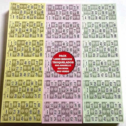HappyMots Pack de 1800 Cartones Bingo Troquelados | Juego Tradicional de 90 Bolas | Colores Verde, Rosa y Amarillo | Cartones Bingo troquelados Usar y Tirar