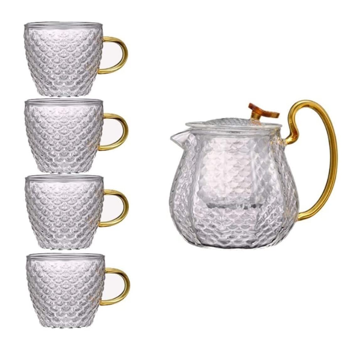 Zestaw Do Herbaty Szklany Zestaw Do Herbaty Czajniczek Domowy Przezroczysty Garnitur Z Filtrem Filiżanek Europejski Styl Akcesoria Kuchenne(5pcs)