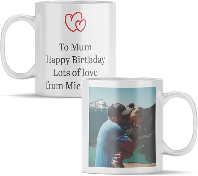 Personalised Valentines Mug with Photo and Text - Upload Your Photo and up to 4 Lines of Text with a Heart Icon (11oz) Upload Your Own Photo with A Personal Message