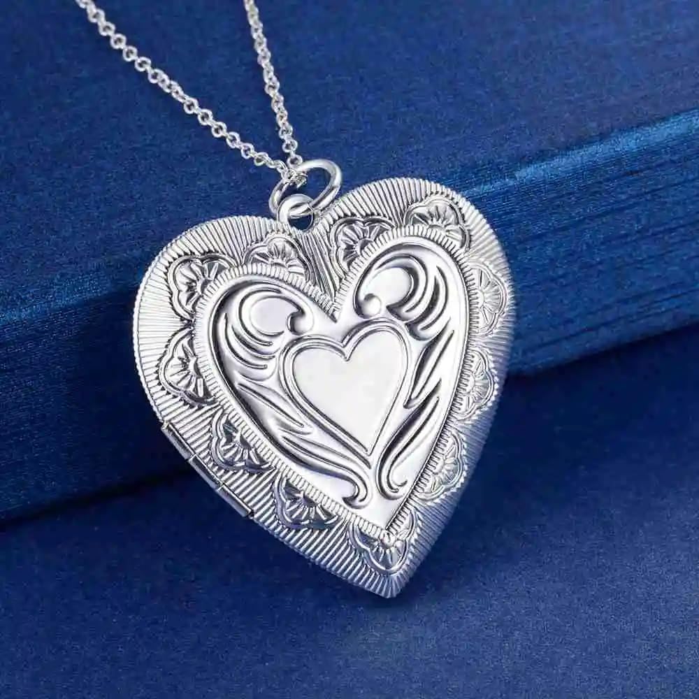 Herz-Medaillon-Halskette aus 925er-Sterlingsilber für Damen, Klassische Fotorahmen-Halskette mit Anhänger, Bild, das Bilder enthält