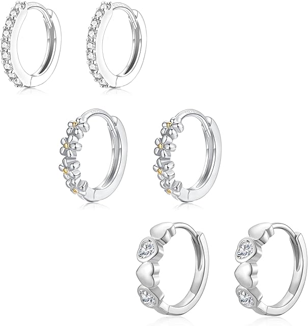 Sterling Silver Hoop Earrings for Women | Hypoallergenic S925 Huggie Hoop Earrings Small Unisex Cartilage Sleepers Huggie Hinged Earrings Studs Set for Multiple Piercing Jewellery Gifts for Girls Men