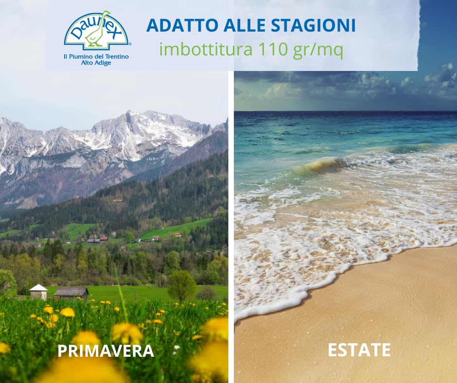 Piumino d’Oca DAUNEX Trentino Piazza Mezza 100% Piuma D'Oca Naturale Traspirante e Soffice Piumone ESTIVO Imbottitura 110 gr/mq Made in Italy Misura 200x200 cm Mod. MONTE BIANCO LIGHT
