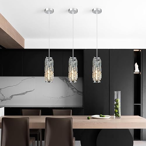 Miniatura 6 de BBLLWJ Moderna lámpara colgante cromada para isla de cocina, mini lámpara de cristal colgante para cocina, isla, comedor, dormitorio (3 luces)