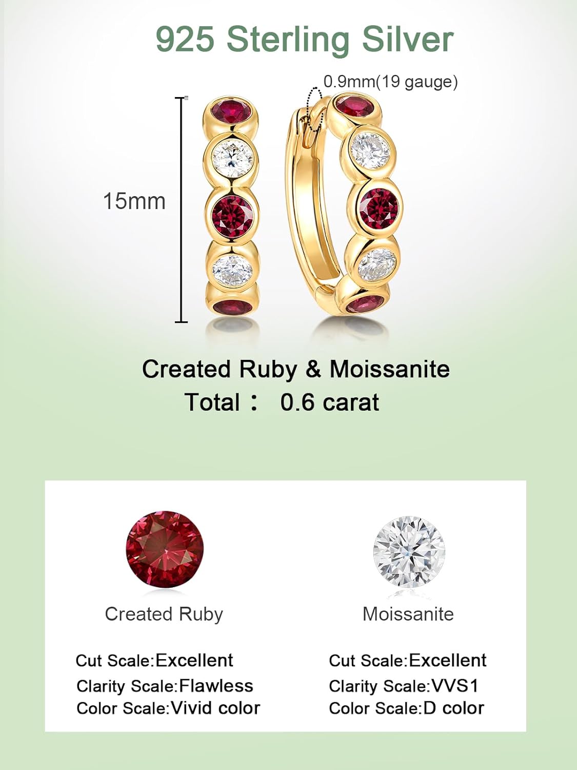 Moissanite/Sapphire/Ruby/Emerald 15mm Tiny Small Hoop Earrings for Women, Solid Sterling Silver with Gold Plated, Anniversary Christmas Birthday Valentines Jewelry for Her