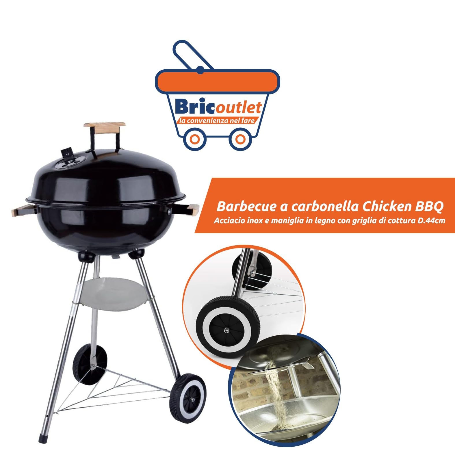 Barbecue a Carbonella CHICKEN BBQ – Griglia Ø44cm in Acciaio Inox – BBQ Portatile da Giardino, Balcone, Campeggio – con Maniglia in Legno – Barbecue Piccolo Compatto