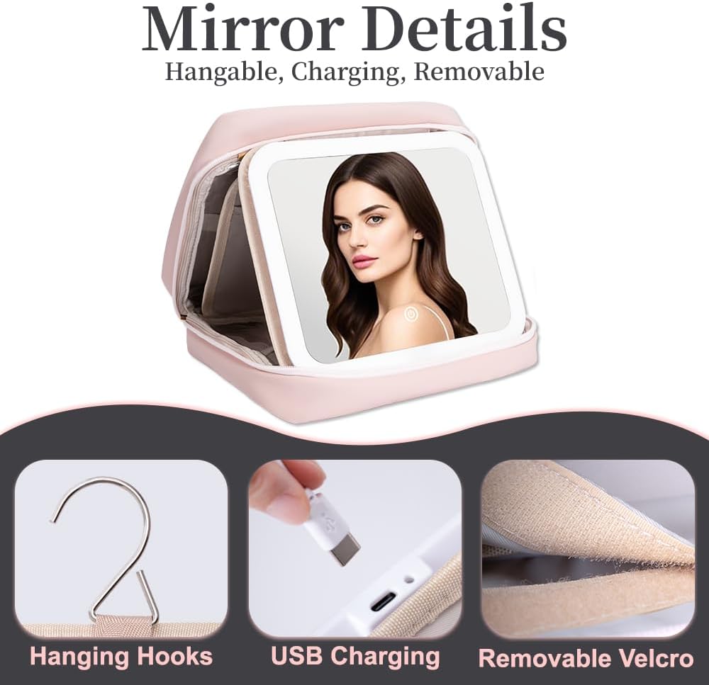 Glint&Glide travel makeup bag with led mirror compartments close-up