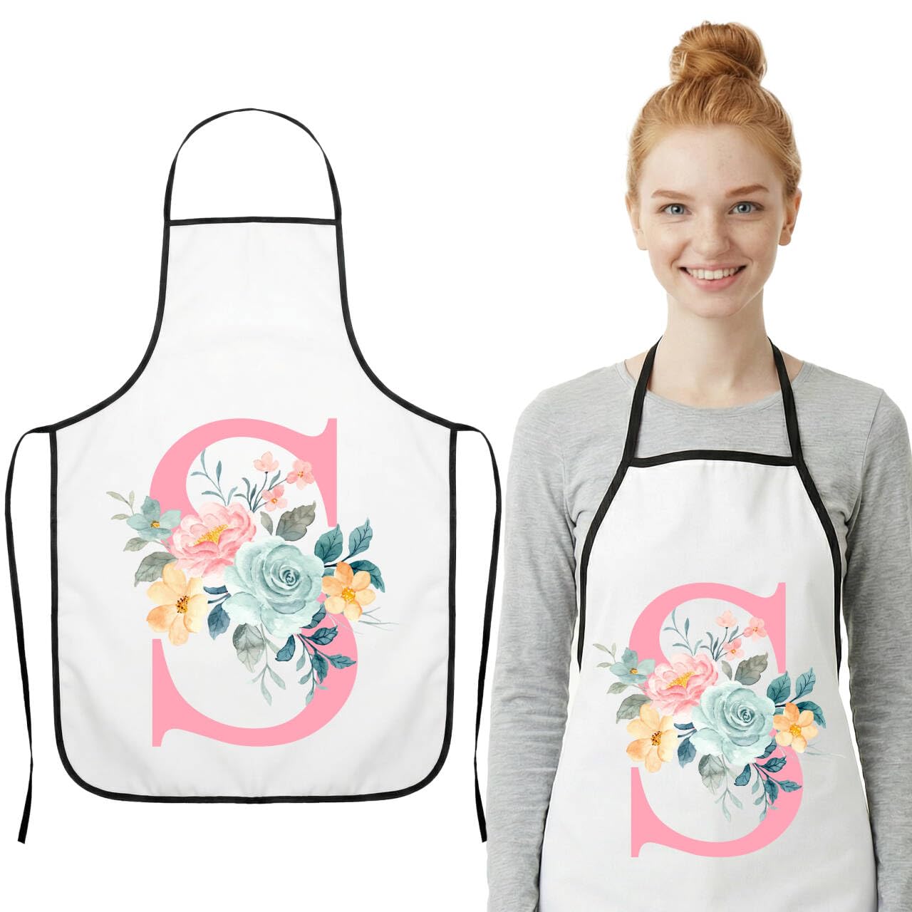 JEKUGOT Kitchen Apron for Women Waterproof Cooking Apron with Floral Letter Design, Adjustable Waist Tie BBQ Baking Gardening Birthday Gifts for Women (White S)
