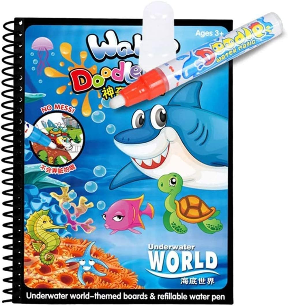AFirstDone Water Doodle Magic Painting Books, Reusable Painting Cartoon Coloring Book Boys Girls Early Education Learning Doodle Toys Gifts With Water Pen For (The Underwater World)