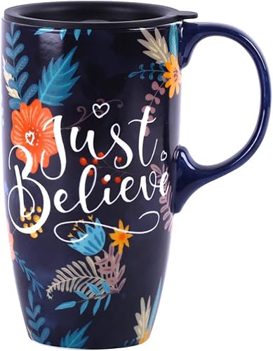 Topadorn Taza de cerámica con tapa y asa, taza de café alta de 17 onzas para el hogar, fiesta y cumpleaños, Just Believe Topadorn Taza de cerámica con tapa y asa, taza de café alta de 17 onzas para el hogar, fiesta y cumpleaños, Just Believe