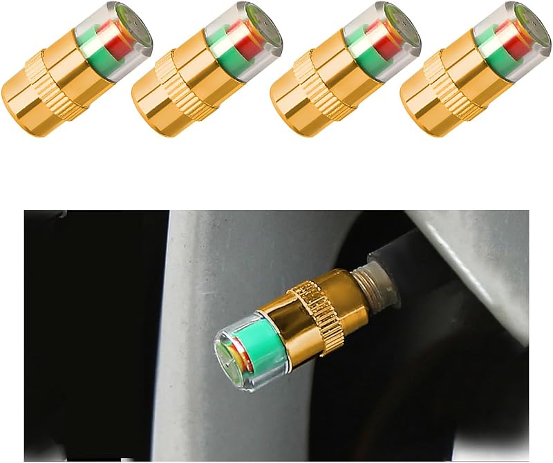 Yourkar 4 PCS Tire Pressure Monitor Valve Stem Caps, 2.4Bar 36PSI Car Tire Pressure Monitor Sensor Indicator with 3-Color Eye Alert, Universal Valve Stem Caps for Cars (Golden)