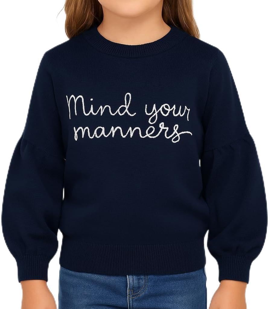 Mind Your Manners Navy Blue Kids Sweater, Pullover Girls Sweater for Kids Classic Crew Neck Long Sleeve School Casual Wear