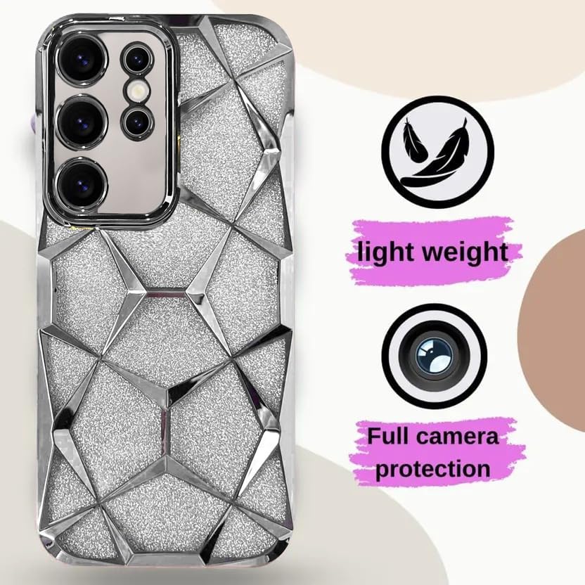 Image of VONZEE Gradient Glitter Case for Samsung S25 Ultra, Luxury Electroplated 3D Cube, Diamond Bling Shiny Soft TPU Clear Shockproof Women Girls Protective Phone Cover (Silver)