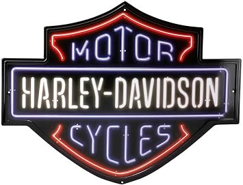 Harley-Davidson Embossed Tin Sign, Neon Lights Bar & Shield Logo, 19.75 x 15 Inches