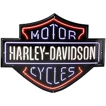 Harley-Davidson Embossed Tin Sign, Neon Lights Bar &amp; Shield Logo, 19.75 x 15 Inches