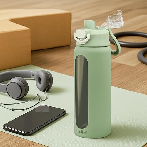 Miniatura 7 de SANDJEST Botella de agua de vidrio con funda de silicona de 24 onzas con tapa, marcador de tiempo motivacional, botellas de vidrio de hidratación