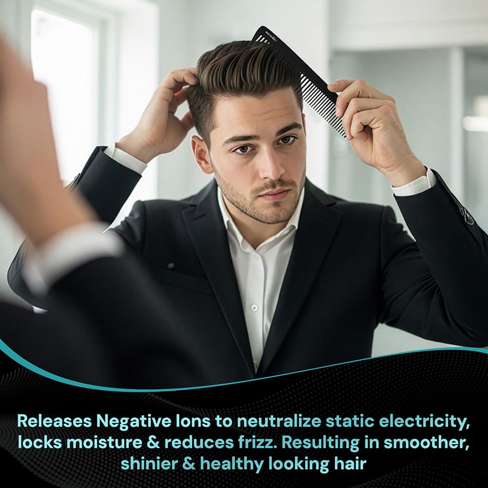 Ikonic Detangler Comb, Carbon Comb, Wide Tooth Hair Comb for Thick & Thin Hair, Anti Static, Lightweight, Heat Resistant, Chemical Resistant, Salon Styling Tool for Men & Women, All Hair Types, Black 2
