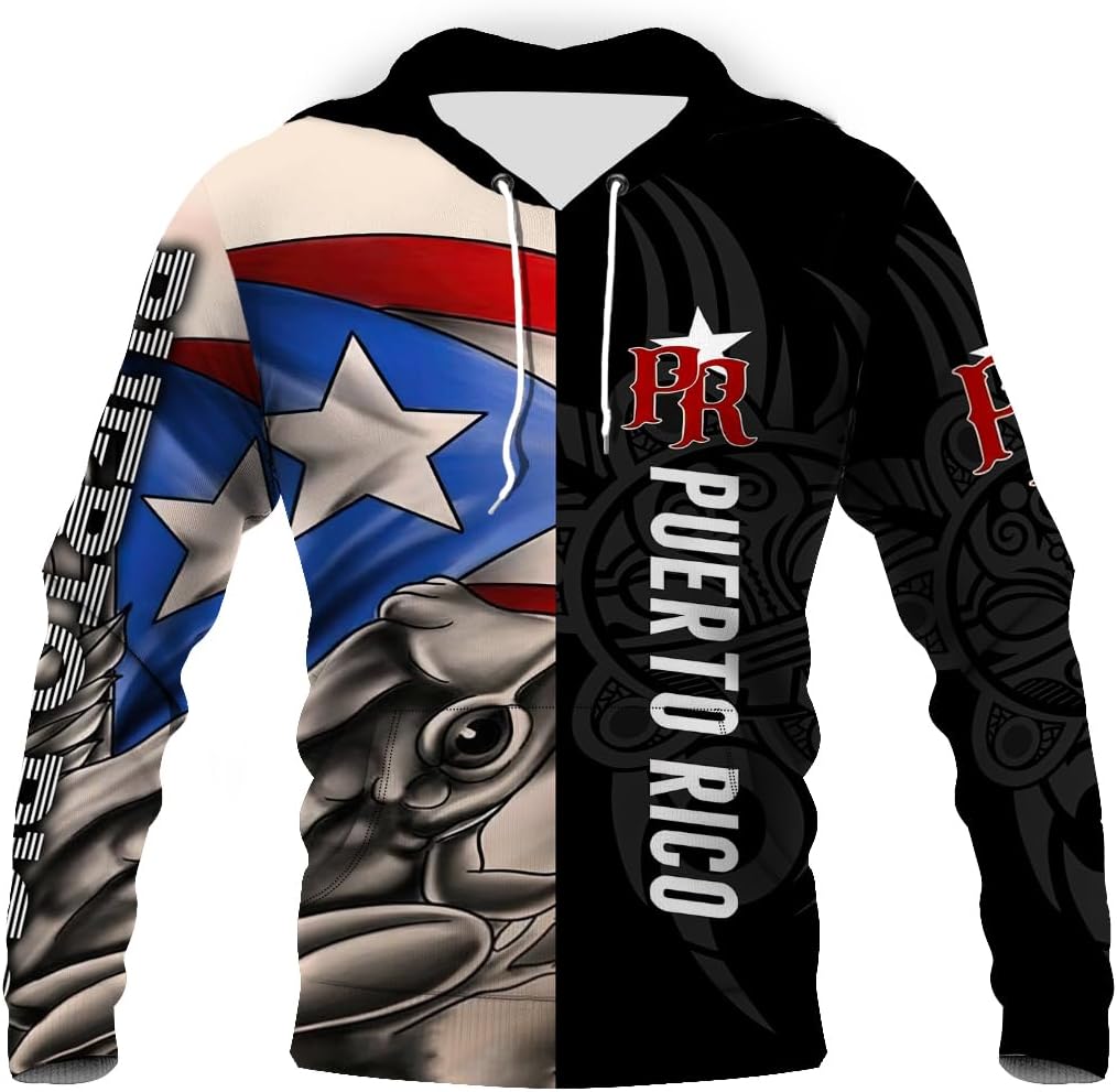 Puerto Rican Hoodie for Men 3D Printed Coqui Frog Graphic Pullover Hooded Sweatshirt Retro Casual Puerto Rico Apparel