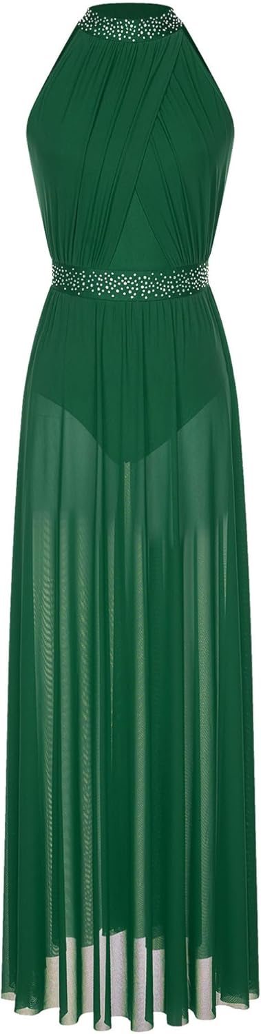 TiaoBug Womens Lyrical Dance Costume Sleeveless Keyhole Back Shiny Rhinestones Side Split Mesh Maxi Dress