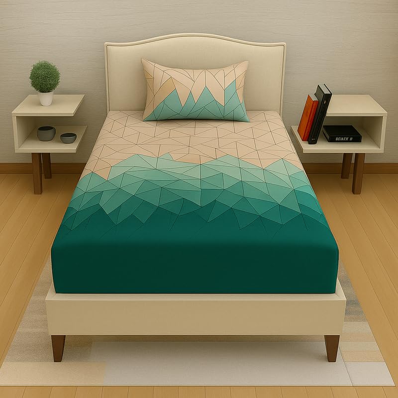 Image of Premium Cotton Elastic Fitted Bedsheets with 1 Pillow Covers |Floral Printed Single Bed Elastic 220 TC Supersoft Breathable & Wrinklefree | for 72x36+6 Inches, Green Beige