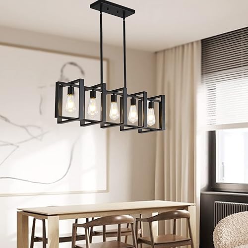 Miniatura 2 de HQZBPT Candelabros de isla de cocina de 34.5 pulgadas para comedores, iluminación colgante, color negro mate, 5 luces colgantes de granja para isla