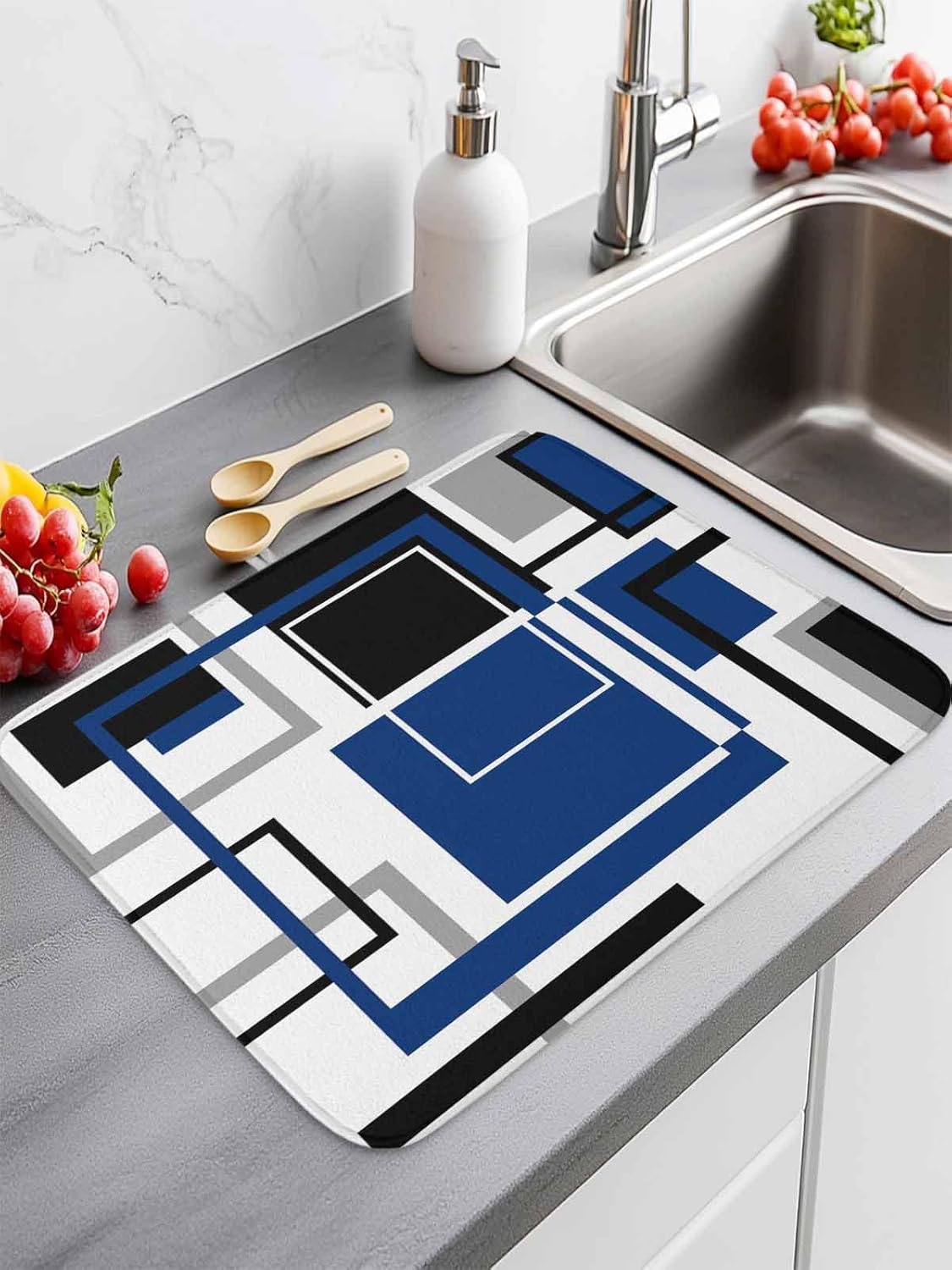 Blue Black Drying Mats for Kitchen Counter 2 Pcs, Abstract Geometric Microfiber Absorbent Dish Drainer/Rack Mat,Reversible Hangding Quick Drying kitchen Decor,16x18 Machine Washable