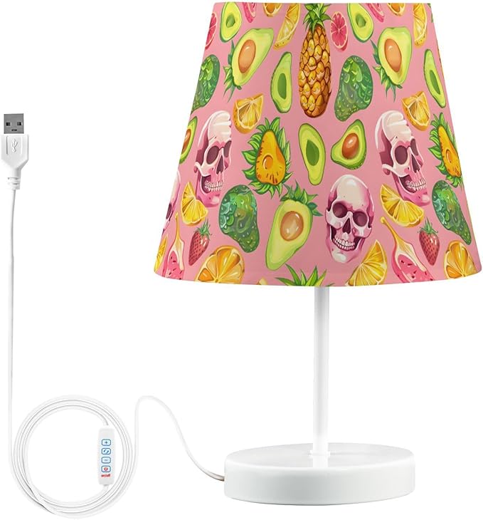 ALAZA Sugar Skull Pineapple Avocado Decor Bedside Table Lamp with USB Port 3 Color Temperatures LED Desk Lamp for Bedroom Office M